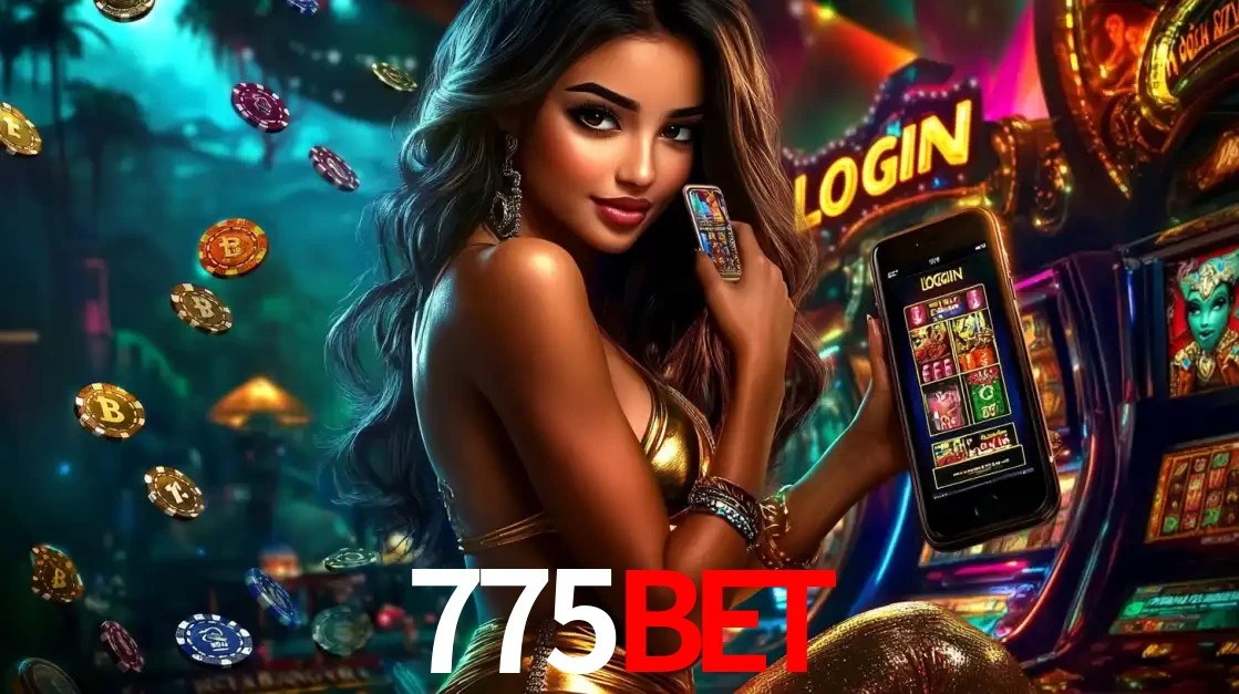 Mulher em um cenário de cassino temático de aventura, mostrando o app de caça-níqueis da 775BET no celular. Fichas de apostas flutuam ao redor.