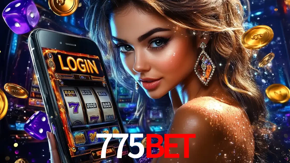 Mulher glamorosa segurando um smartphone com a tela de login para os jogos de caça-níqueis do cassino online 775BET, com moedas de ouro e dados ao redor.