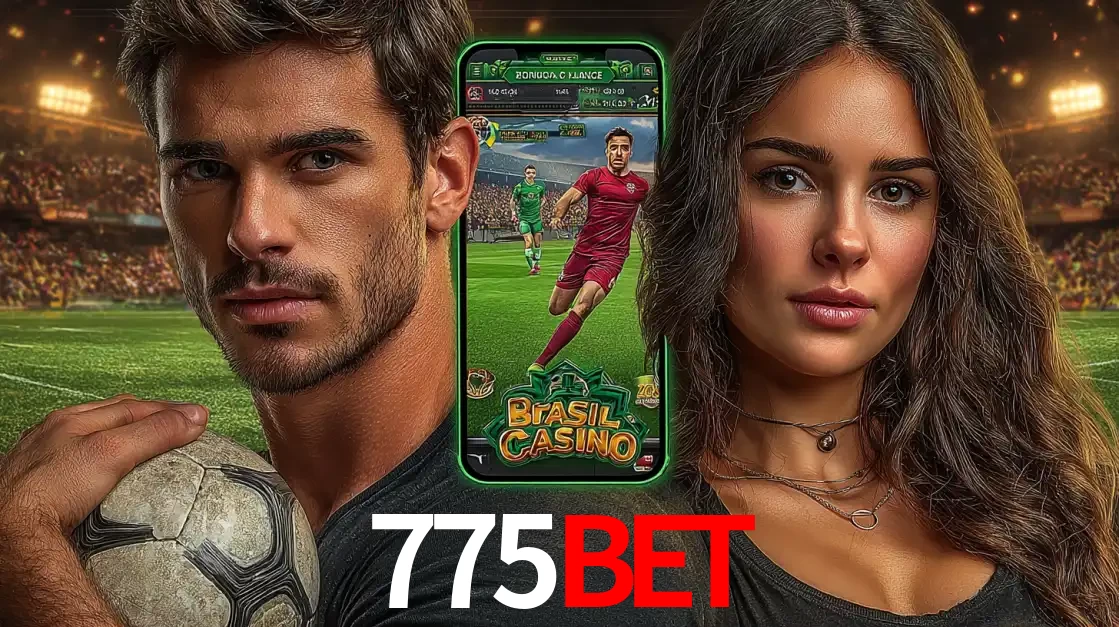 Homem segurando uma bola de futebol e uma mulher ao lado de um smartphone exibindo o jogo de apostas esportivas da 775BET. Faça seu palpite no cassino online.
